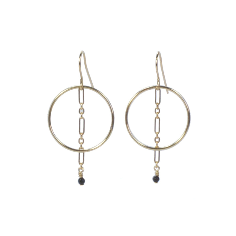 Gold Circle and black pyrite stone on chain earrings