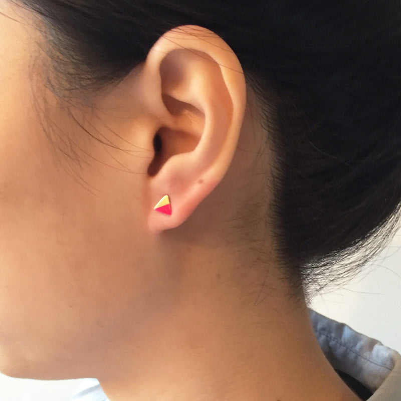 Model wearing Gold Triangle with Enamel Earrings - Pink